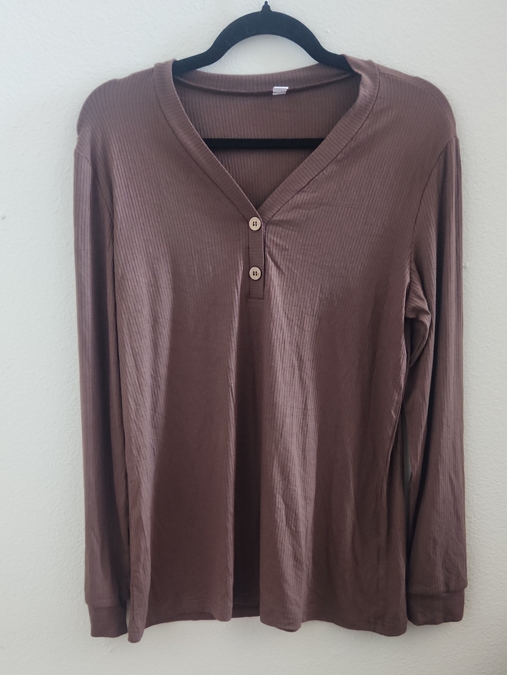 Your Style Ribbed V-Neck Long Sleeve Henley Top in Brown